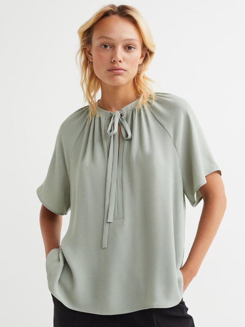 

H&M Women Sage Green Solid Round Neck Short-Sleeved Tie-Detail Blouse
