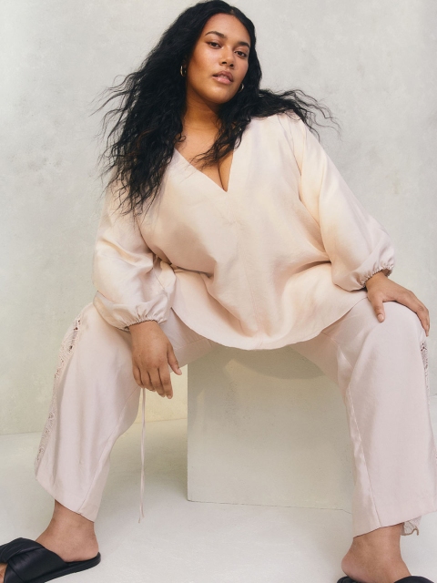 

H&M Women Plus Size Beige V-Neck Satin Blouse