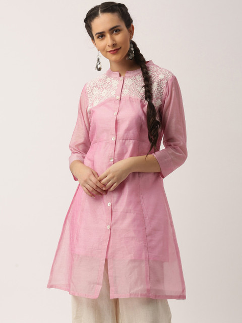 

IMARA Fusion Women Pink Embroidered Sheer A-Line Kurta