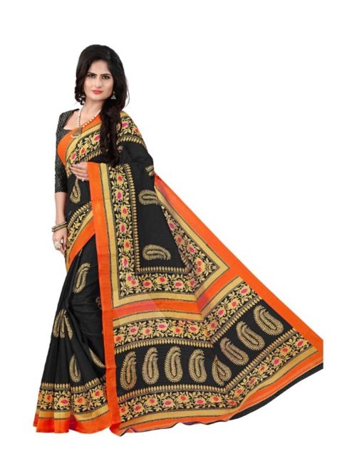 

KALINI Black & Orange Kalamkari Art Silk Bhagalpuri Saree