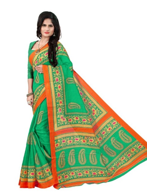 

KALINI Green & Orange Paisley Printed Art Silk Saree
