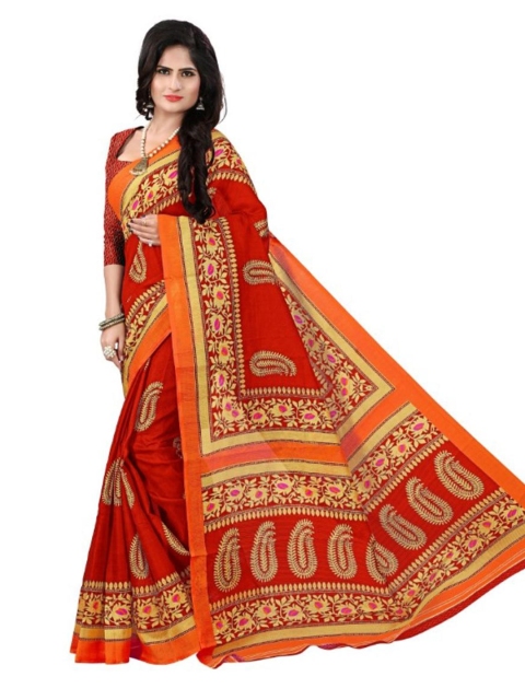 

KALINI Red & Yellow Paisley Art Silk Bhagalpuri Saree