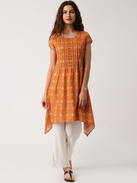 

IMARA Women Orange Printed Asymmetric Hem Kurta