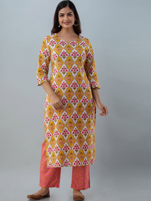 

GULMOHAR JAIPUR Women Mustard Yellow Pure Cotton Kurta With Palazzos & Dupatta