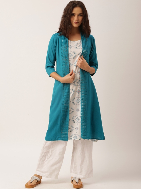 

IMARA Women White & Teal Blue Printed A-Line Kurta with Longline Shrug
