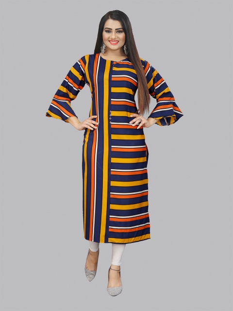 

Fashion FRICKS Women Navy Blue & Mustard Yellow Striped Kurta