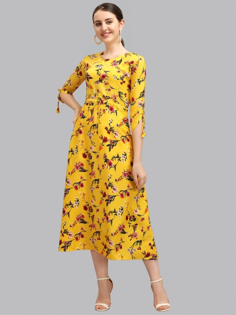 

Fashion FRICKS Yellow & Pink Floral A-Line Midi Dress