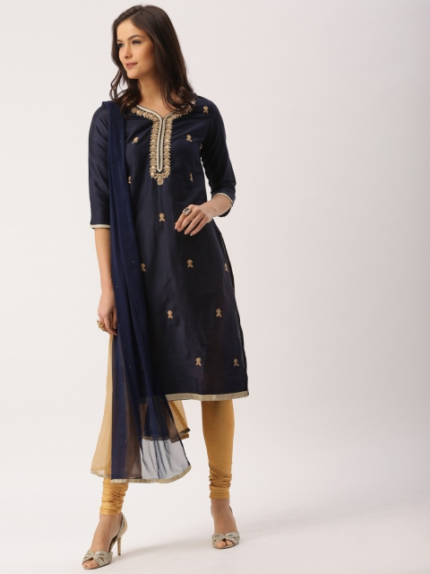 

IMARA Navy & Gold-Toned Embroidered Churidar Kurta with Dupatta, Navy blue