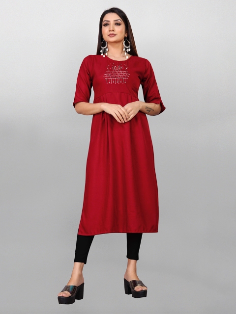 

Fashion FRICKS Women Red Geometric Yoke Design Mirror Work Kurta