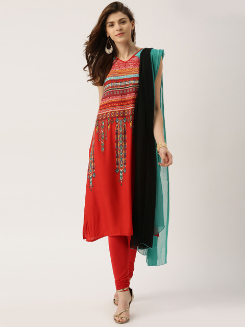 

IMARA by Red & Black Printed Kurta with Churidar & Dupatta