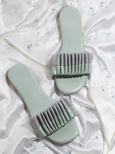 

Shoetopia Girls Green Striped Open Toe Flats with Bows