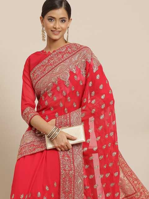 

RAJGRANTH Red & Golden Ethnic Motifs Beads and Stones Pure Georgette Heavy Work Saree