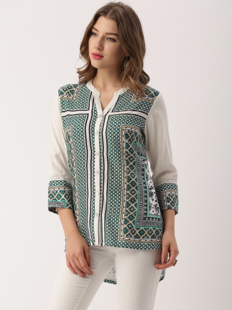 

IMARA Women White & Blue Printed Shirt-Style Top