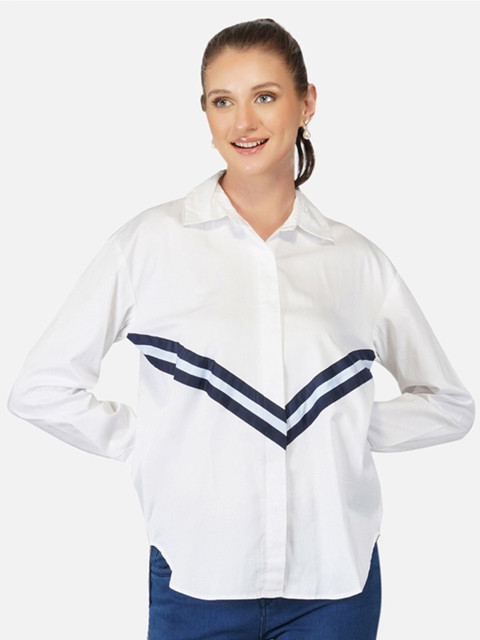

Anysa Women White Comfort Semi Sheer Striped Cotton Casual Shirt