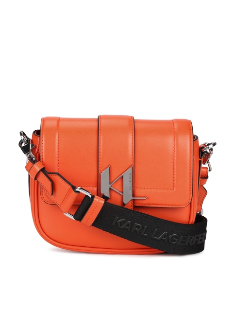 

Karl Lagerfeld Orange Leather Structured Sling Bag with Cut Work