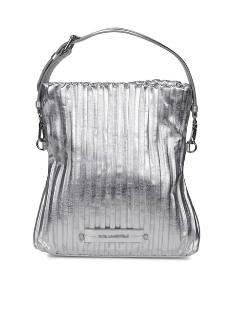 

Karl Lagerfeld Silver-Toned Leather Oversized Shopper Handheld Bag with Fringed