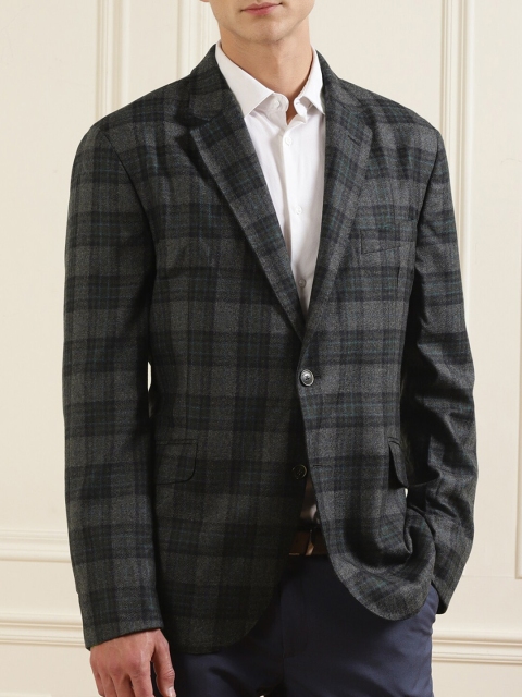 

HACKETT LONDON Men Grey Checked Longline Tailored Jacket with Embroidered