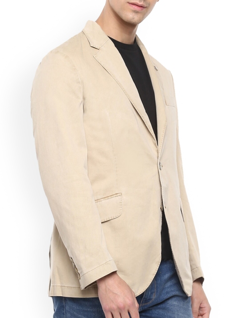 

HACKETT LONDON Men Tan Striped Tuxedo Blazer