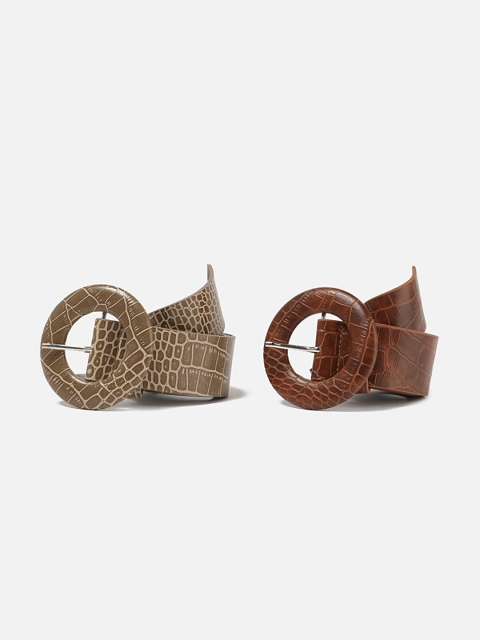 

Trendyol Women Pack of 2 Crocs Textured Belts, Tan