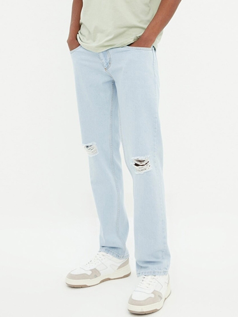 

Trendyol Men Blue Straight Fit Slash Knee Light Fade Pure Cotton Jeans
