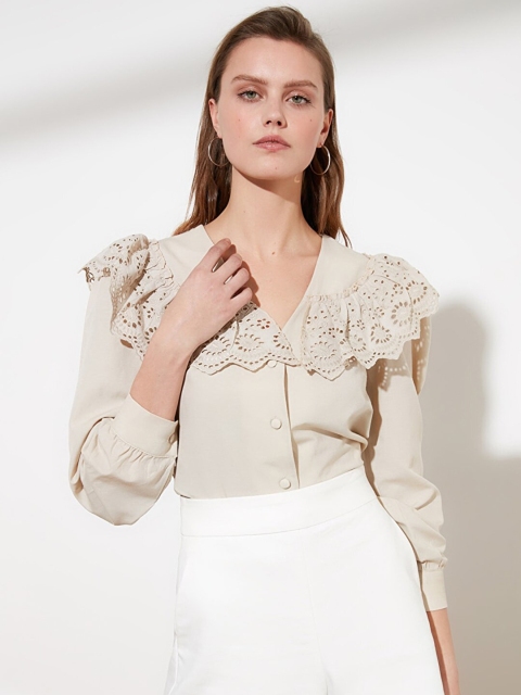 

Trendyol Women Cream-Coloured Casual Schiffli Detail Shirt