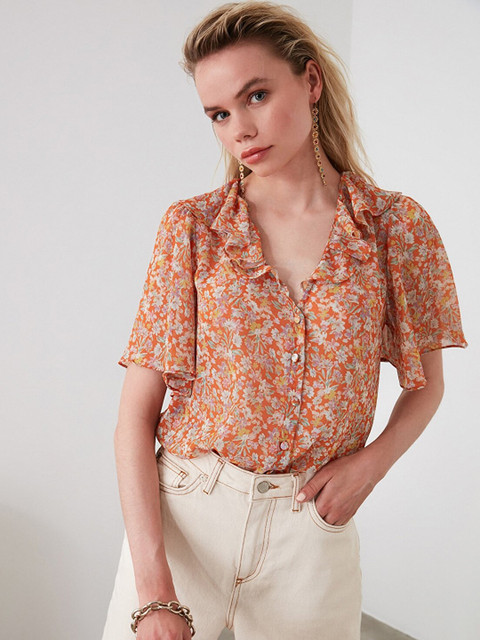 

Trendyol Orange Floral Print Ruffles Shirt Style Top