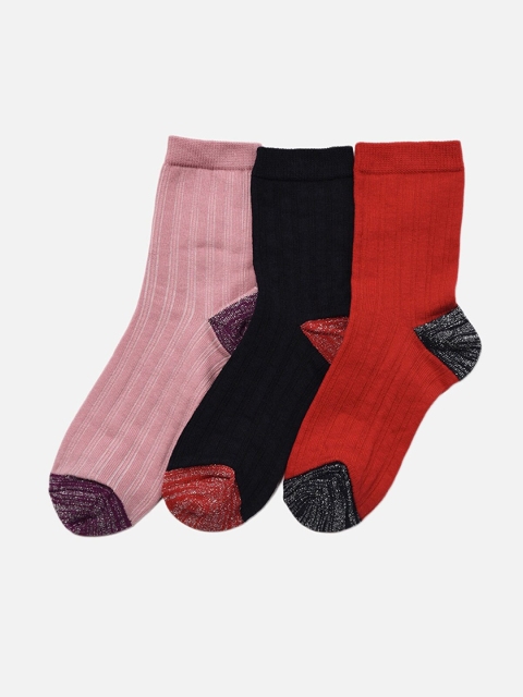 

Trendyol Women Pack of 3 Self Striped Socks, Red