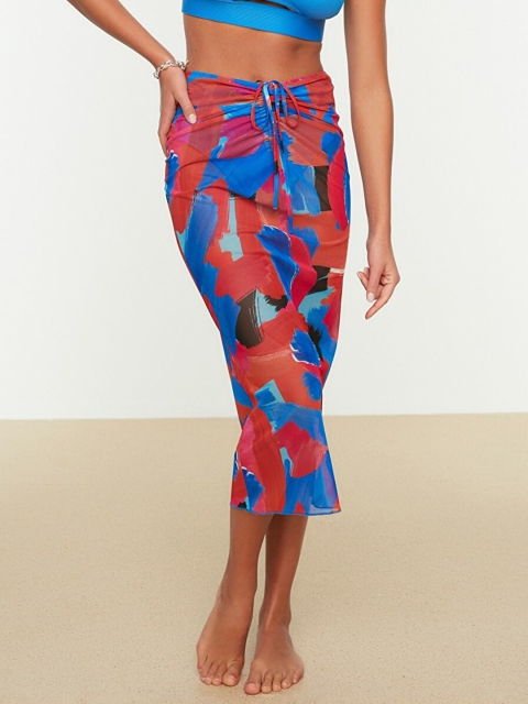 

Trendyol Women Blue & Rust Orange Abstract Printed Sheer Midi Pencil Skirt