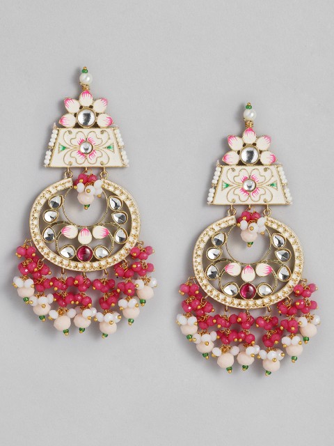 

Peora Off-White Gold-Plated Kundan Studded & Beaded Meenakari Enamelled Drop Earrings