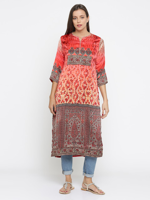 

Jashn Women Coral Orange & Beige Shibori Print Straight Kurta