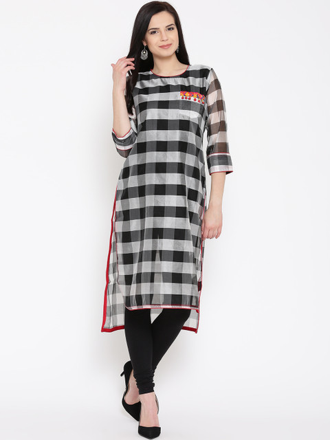 

Jashn Women Grey & Black Checked High-Low Straight Kurta