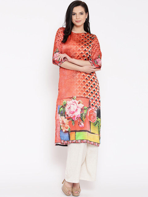 

Jashn Women Orange Printed Straight Kurta