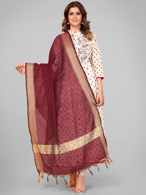 

Vbuyz Maroon & Gold-Toned Striped Art Silk Dupatta with Zari