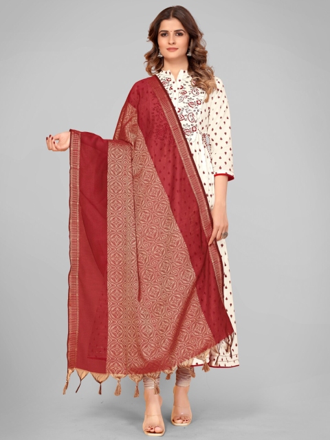 

Vbuyz Red & Beige Ethnic Motifs Woven Design Art Silk Dupatta