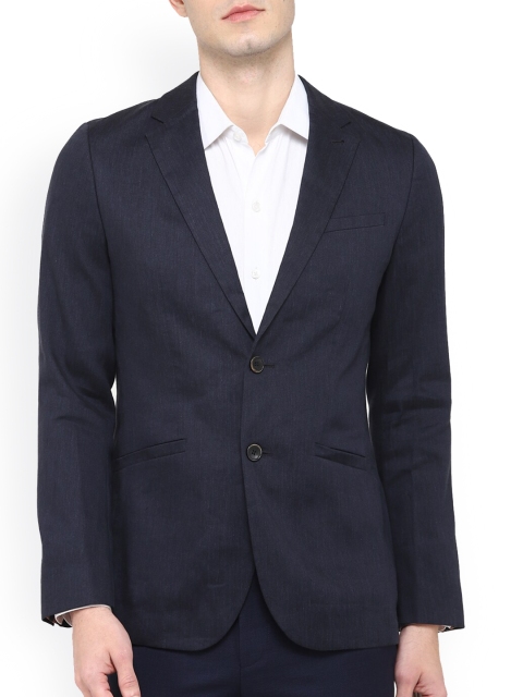 

Ted Baker Men Navy Blue Longline Tailored Jacket with Embroidered