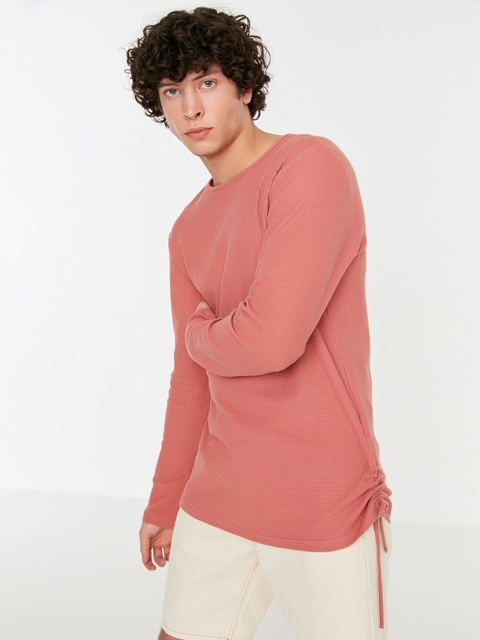 

Trendyol Men Dusty Pink Textured Ruched Pure Cotton T-shirt, Rose