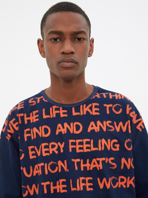 

Trendyol Men Navy Blue & Orange Printed Pure Cotton Oversized T-shirt