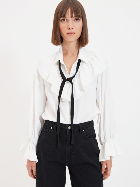 

Trendyol Women White Ruffles Shirt Style Top