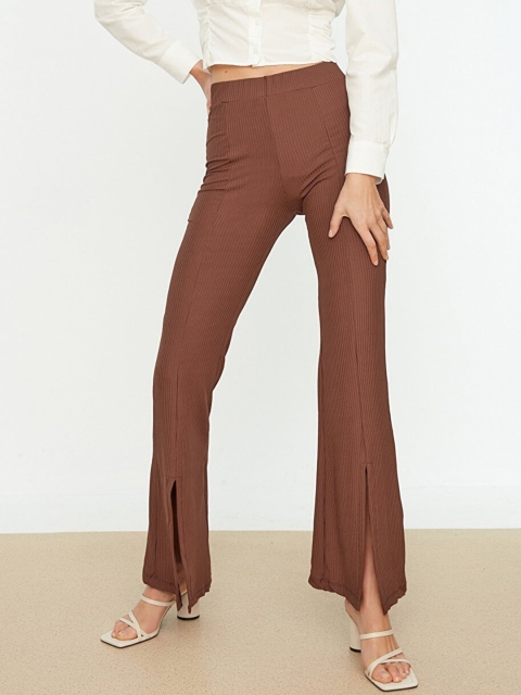 

Trendyol Women Brown Self Striped Slit Detailed Trousers