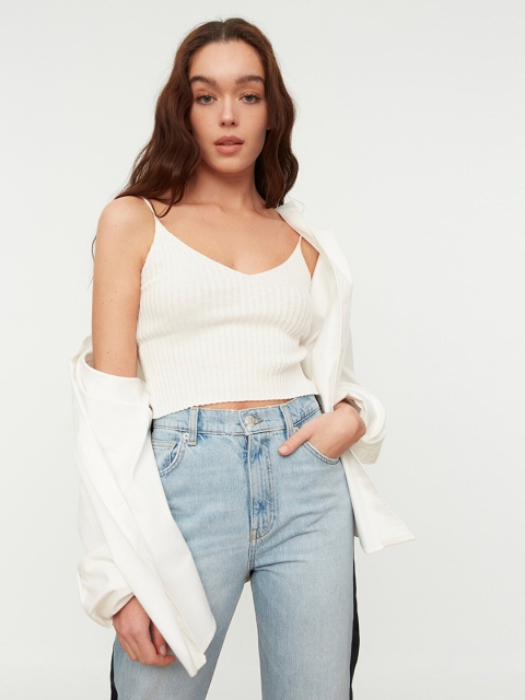 

Trendyol Women Off White Ribbed Crop Top