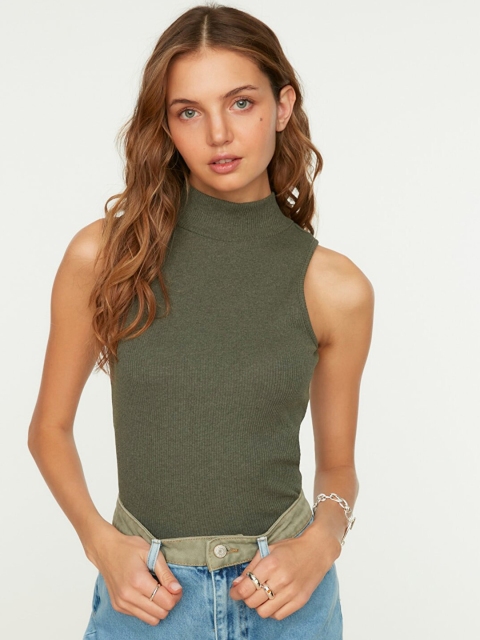 

Trendyol Olive Green Ribbed High Neck Fitted Top