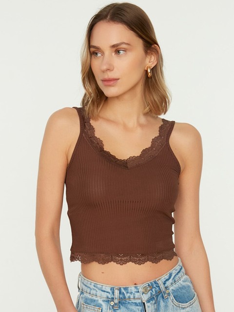 

Trendyol Women Brown Ribbed Lace Inserts Crop Top