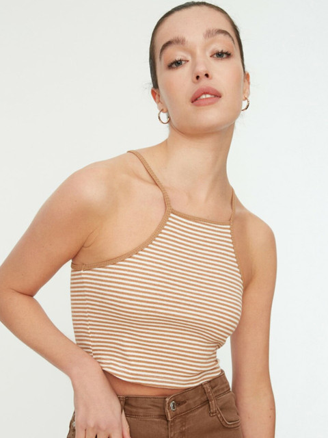 

Trendyol Camel Brown & White Striped Tank Crop Top