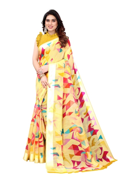 

AADVIKA Yellow Floral Linen Blend Saree