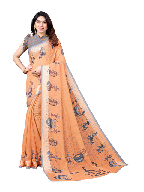 

AADVIKA Orange Ethnic Motifs Linen Blend Saree