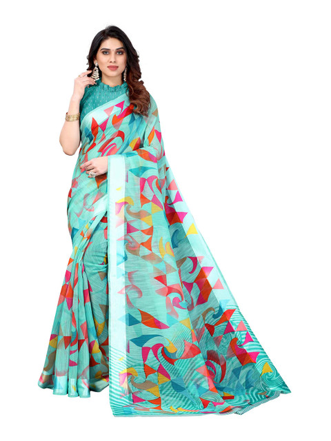 

AADVIKA Blue & Red Floral Linen Blend Ready to Wear Saree