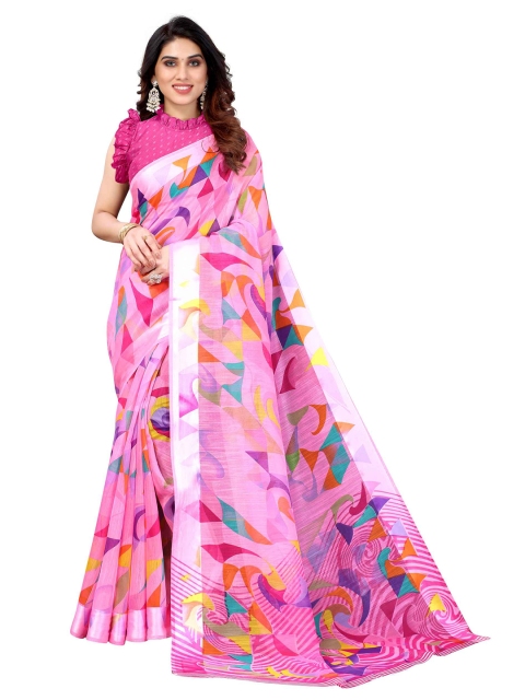 

AADVIKA Pink & Peach-Coloured Floral Linen Blend Ready to Wear Saree