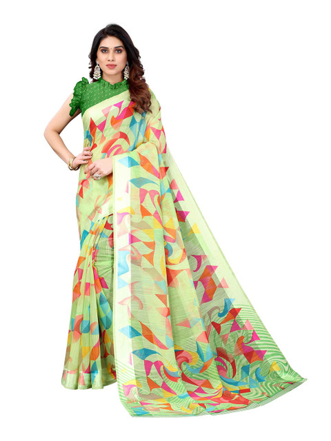 

AADVIKA Green & Rose Gold Linen Blend Ready to Wear Printed Saree