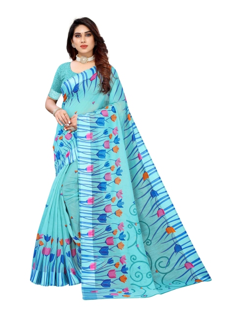 

AADVIKA Blue & Red Floral Printed Linen Blend Saree