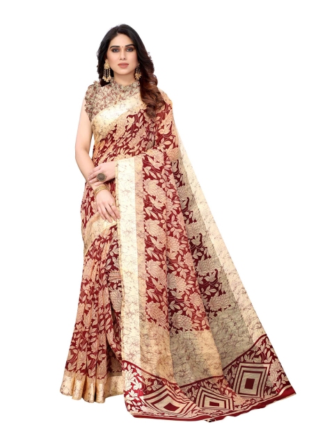 

AADVIKA Maroon & Cream-Coloured Floral Cotton Linen Saree